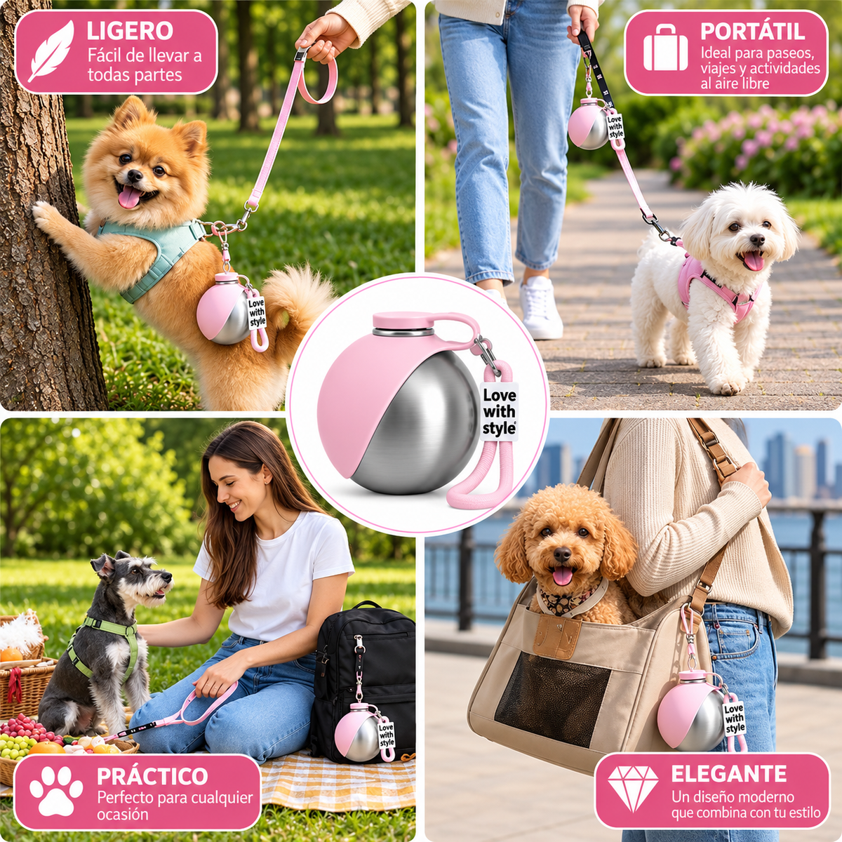 Portable Outdoor Pet Stainless Steel Water Cup Dog Water Bottle with Bowl for Cat 304 Stainless Steel Safe Food-Grade Silicone